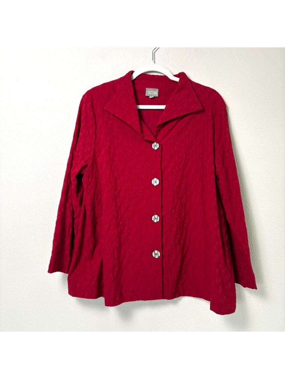 Niche Nilgun Derman Button Blouse Size L Red Diamond Knit Textured Lagenlook Top